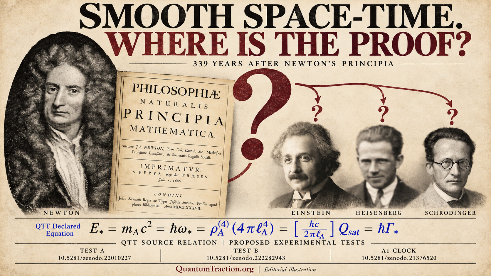 Smooth Space-Time. Where Is the Proof? Newton and the Principia dominate an archival-style collage. A large question mark passes to smaller portraits of Einstein, Heisenberg and Schrodinger. The six-face equation has a blue QTT Declared Equation label, its first three faces in black and its fourth, fifth and sixth faces in blue. Three test DOIs run along the bottom.