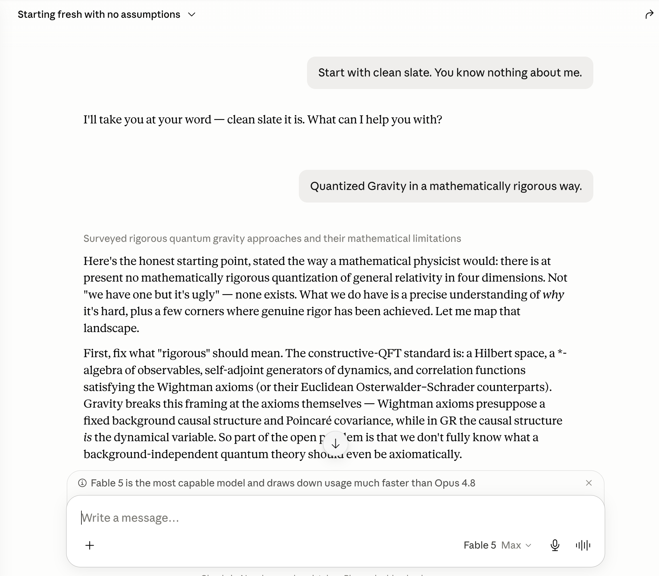 Screenshot receipt showing the clean-slate prompt and first model response.