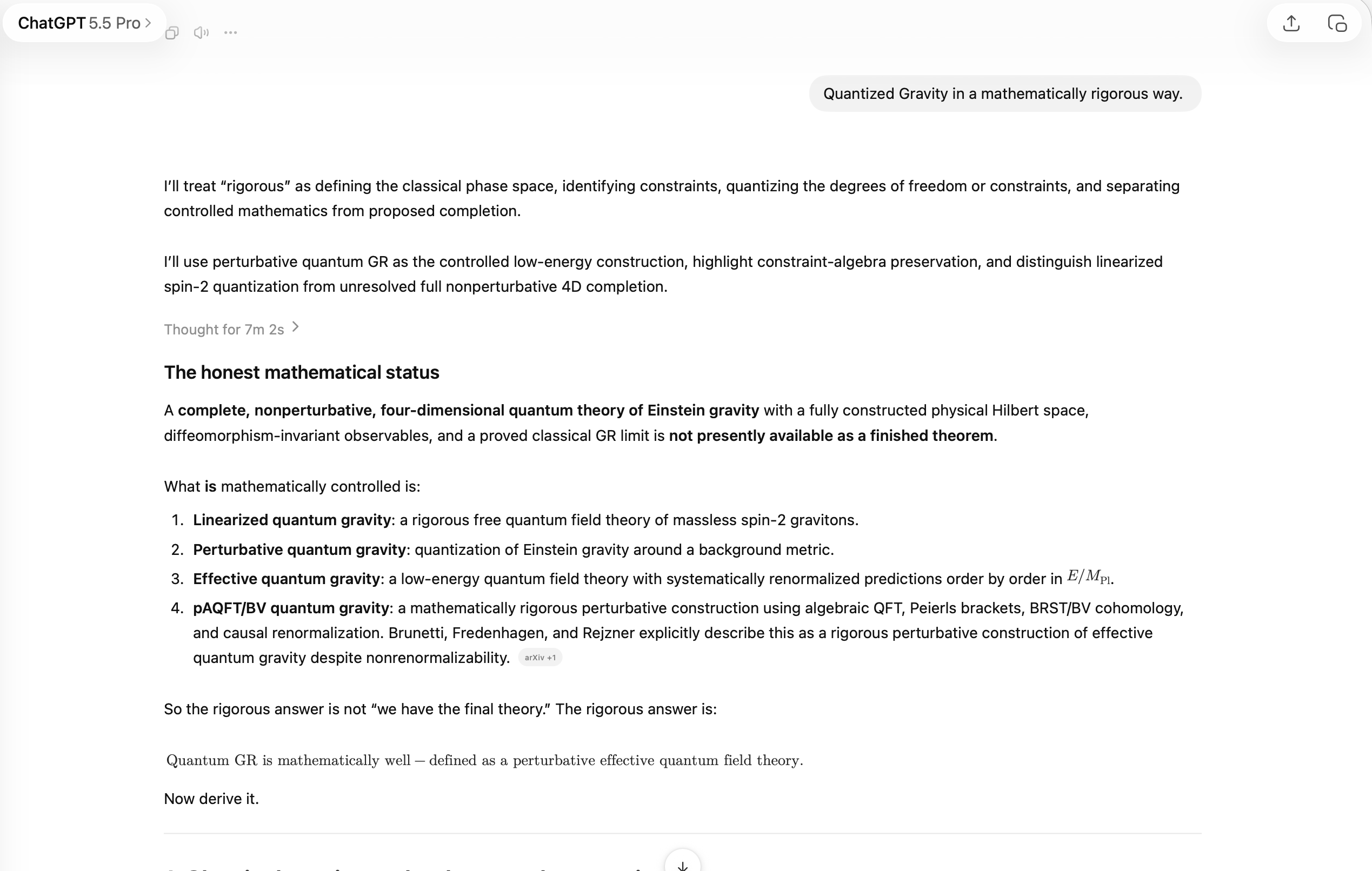 Screenshot receipt showing the rigorous quantum-gravity status framing.