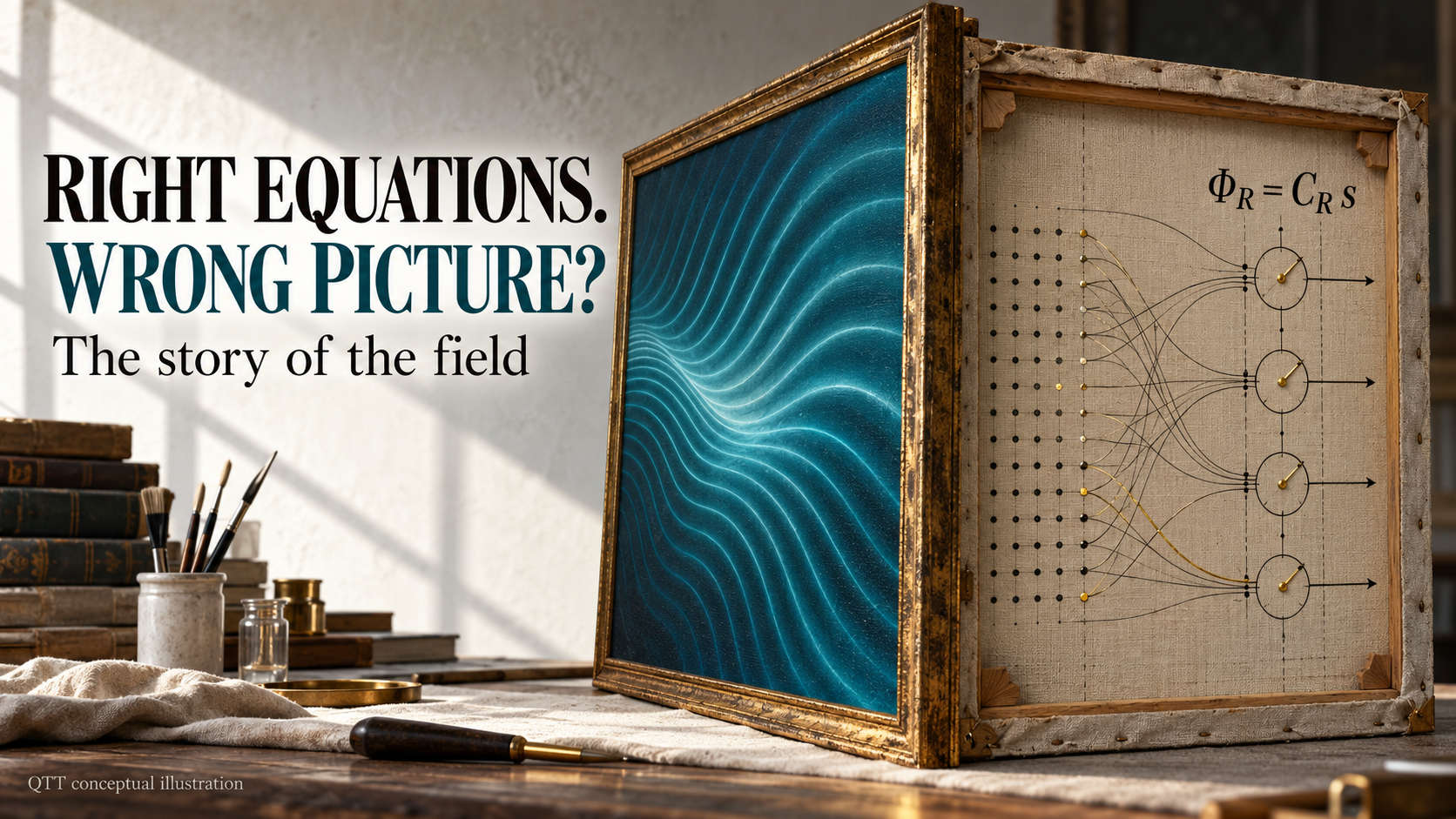 A canvas turned around in an artist's studio: smooth cyan wavefronts on the front, a schematic of source addresses and phase dials on the reverse, with the equation Phi R equals C R times s. Headline: Right equations. Wrong picture?