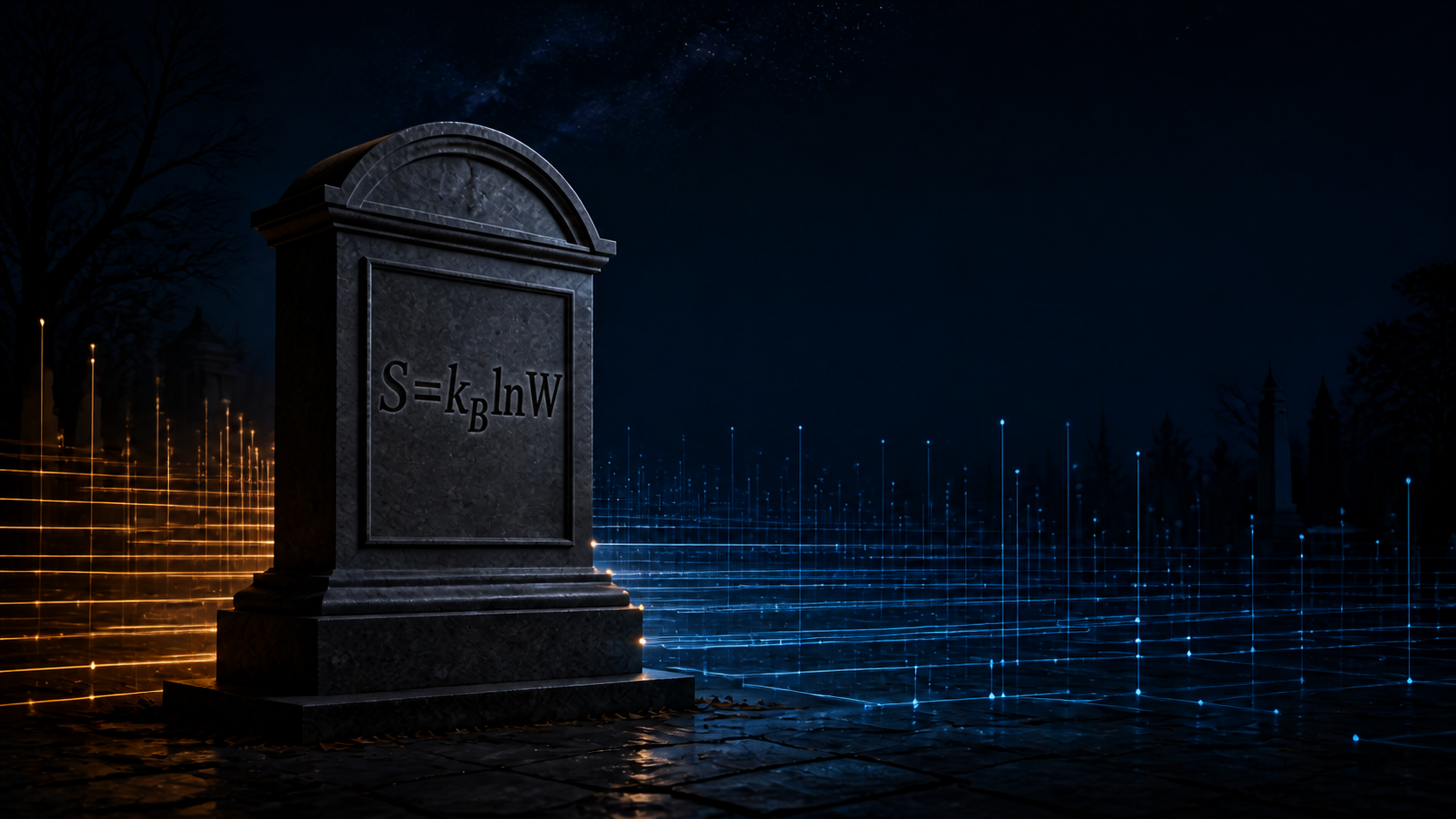 A stone memorial engraved with S equals k sub B natural log W, between an amber completed-record ledger and a cyan access ledger.