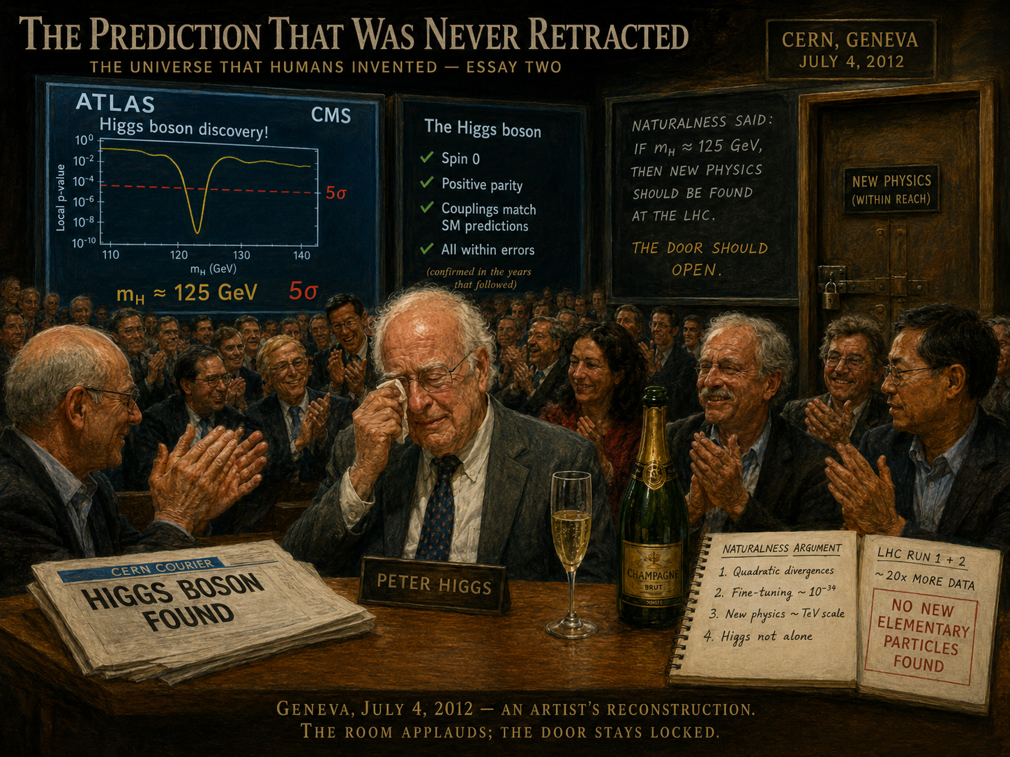 Editorial reconstruction of the 4 July 2012 CERN Higgs announcement, showing the 125 GeV discovery alongside the naturalness expectation for new physics at the LHC.