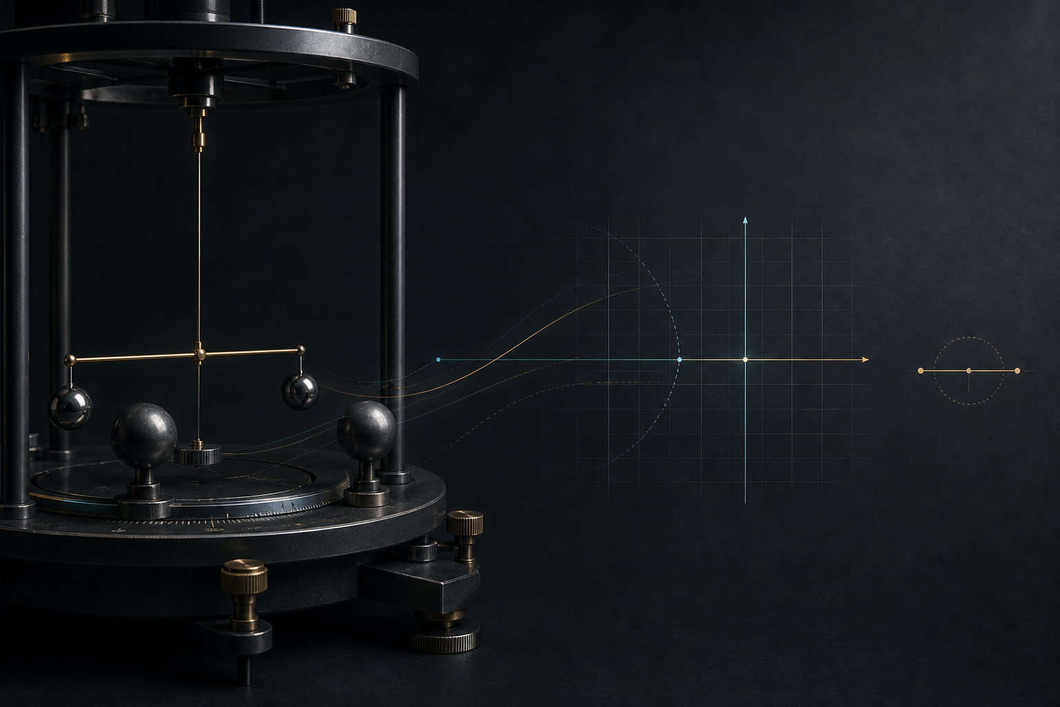 A torsion balance beside a coordinate diagram, illustrating the distinction between a laboratory measurement chain and a reported gravitational coordinate.